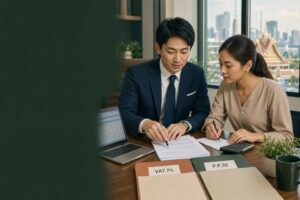 タイのVAT 7%・Tax Invoice・PP30を確認する日本人担当者とタイ人経理担当者